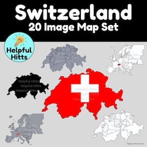 Kaartset Zwitserland - illustraties voor leraren, aardrijkskunde, Europese landen, politieke overzichtskaart Zwitserland, kaart Europa - 20 png-afbeeldingen