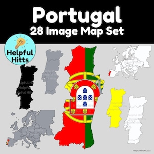 Portugal Map Set- Clip Art for Teachers, Geography, European Countries, Portugal Outline, Social Studies, Europe- 28 PNG Images