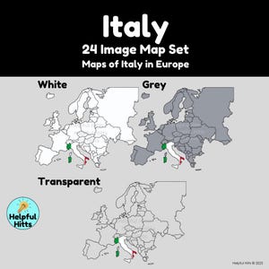 The Italy Map Set includes 24 maps of Italy, Italy’s provinces, and Italy in Europe.  Map colors include black, white, grey, transparent, green, red, and the Italian flag. All maps are 300dpi, PNG images in a convenient zip file.
