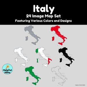 The Italy Map Set includes 24 maps of Italy, Italy’s provinces, and Italy in Europe.  Map colors include black, white, grey, transparent, green, red, and the Italian flag. All maps are 300dpi, PNG images in a convenient zip file.