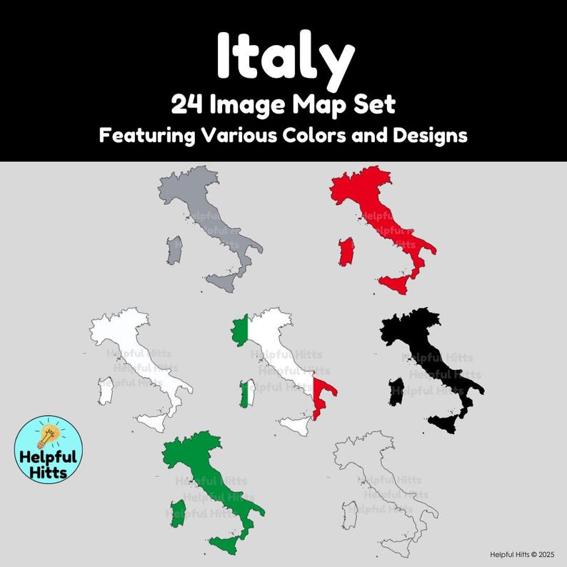 The Italy Map Set includes 24 maps of Italy, Italy’s provinces, and Italy in Europe.  Map colors include black, white, grey, transparent, green, red, and the Italian flag. All maps are 300dpi, PNG images in a convenient zip file.