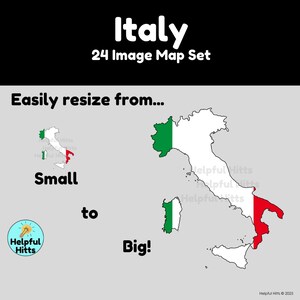 The Italy Map Set includes 24 maps of Italy, Italy’s provinces, and Italy in Europe.  Map colors include black, white, grey, transparent, green, red, and the Italian flag. All maps are 300dpi, PNG images in a convenient zip file.