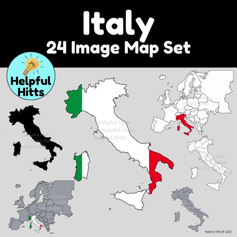 The Italy Map Set includes 24 maps of Italy, Italy’s provinces, and Italy in Europe.  Map colors include black, white, grey, transparent, green, red, and the Italian flag. All maps are 300dpi, PNG images in a convenient zip file.