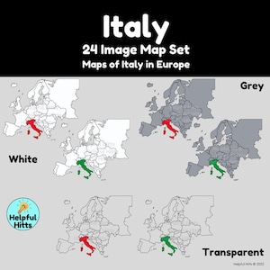 The Italy Map Set includes 24 maps of Italy, Italy’s provinces, and Italy in Europe.  Map colors include black, white, grey, transparent, green, red, and the Italian flag. All maps are 300dpi, PNG images in a convenient zip file.