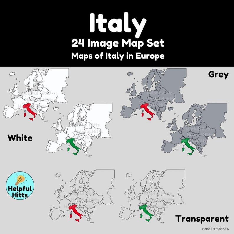 The Italy Map Set includes 24 maps of Italy, Italy’s provinces, and Italy in Europe.  Map colors include black, white, grey, transparent, green, red, and the Italian flag. All maps are 300dpi, PNG images in a convenient zip file.