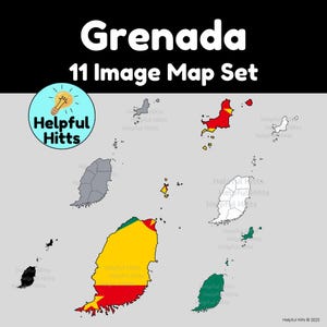 Grenada Map Set - Clip Art für Lehrer, Geographie, Karibik, Grenada politische, Sozialkunde, Mittelamerika Karte - 11 PNG Bilder