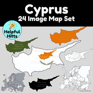 Puede incluir: Un conjunto de imágenes de mapas de Chipre en varios colores y estilos, incluyendo contornos y versiones rellenas. El texto "Cyprus 24 Image Map Set" se muestra en la parte superior. Un logotipo con una bombilla y las palabras "Helpful Hitts" está en la esquina superior izquierda.