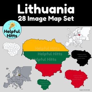 May include: A graphic set featuring maps of Lithuania in various styles and colors. The title "Lithuania 28 Image Map Set" is displayed at the top. The image includes the text "Helpful Hitts" and a lightbulb icon.