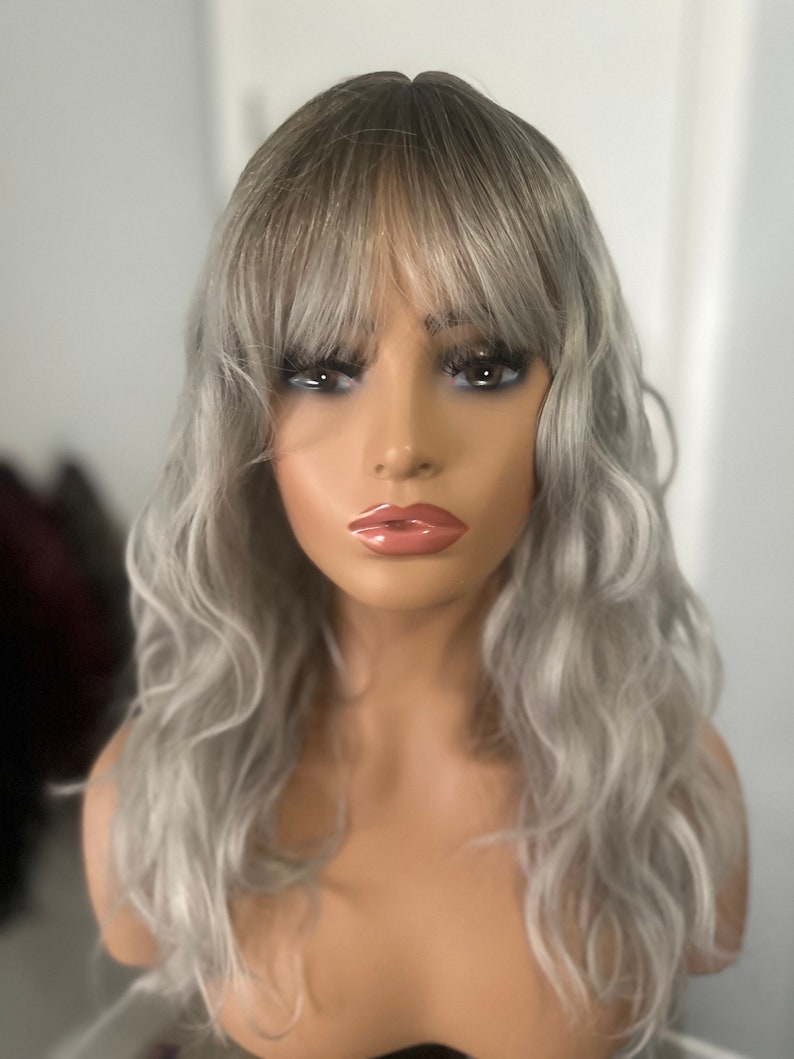 18 Gray Wavy High Quality Synthetic Wig With Bangs Etsy