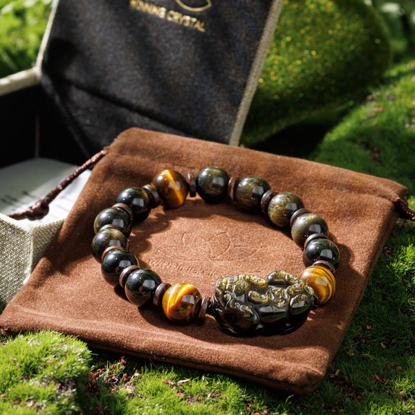 Golden Obsidian and Tigers Eye Pixiu Bracelet for Wealth Attraction Prosperity and Empowerment Handcrafted Sacred Amulet Good Luck Charm