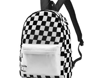 White Checkerboard Travel Backpack, Laptop Gear, Waterproof Sports Bag, School Bag, Gift for Students, Fashion Accessory, SOUNDBYTE 21414
