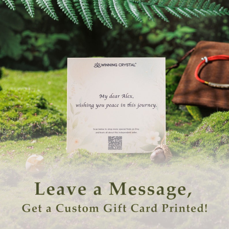 Customizable gift card by WINNING CRYSTAL with a personal message for peace and journey, alongside a red bracelet and natural background.