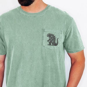 Retro Godzilla Pocket T Shirt Gojira Graphic Tee Unique Kaiju Design Heavyweight Cotton Vintage Japanese Gift for Godzilla Movie Fans