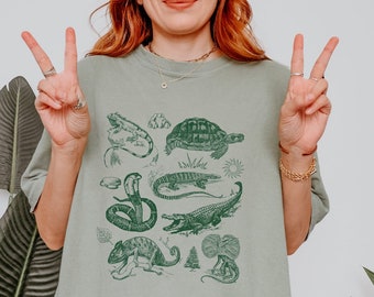 Reptile Print T-Shirt, Vintage Style Reptile Graphic Tee, Lizard Snake Turtle Collection Shirt, Nature Lover Gift, Reptile Lovers Gift