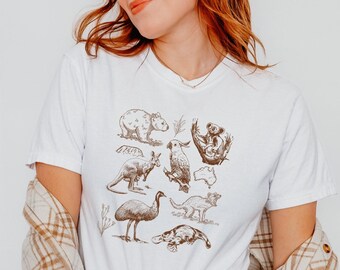 Australian Animals Print T-Shirt, Vintage Style Wildlife Graphic Tee, Australia Shirt, Nature Lover Gift, Aussie Wildlife Apparel