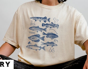 Fisch und Angeln Print T-Shirt, Vintage Style Angeln Grafik T-Shirt, Angler Fisch Kollektion Shirt, Geschenk für Naturliebhaber, Fischliebhaber Shirt
