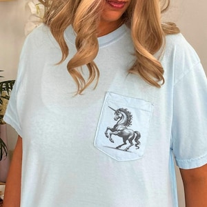 Vintage Unicorn Graphic Pocket T Shirt Mythical Horse Design Retro Unicorn Heavyweight Cotton Unicorn Gift for Fantasy and Unicorn Lovers
