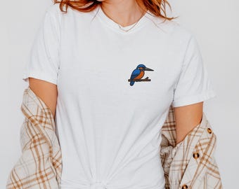 Embroidered Kingfisher Shirt Colorful Bird Embroidery Tee Nature Bird Inspired Kingfisher Design Unique Wildlife Gift Top for Bird Lovers