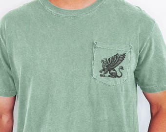 Vintage Style Griffin Pocket Tee Retro Mythical Creature T Shirt Fantasy Griffin Graphic TShirt Medieval Griffin Gift for Mythology Lover
