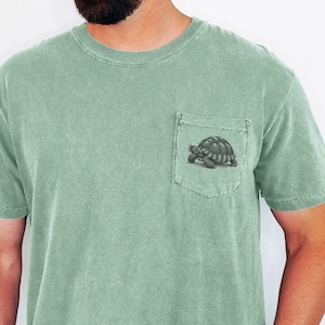 May include: A sage green t-shirt with a pocket featuring a turtle graphic. The shirt is a relaxed fit and has a vintage wash appearance. The model is 6'0" and wearing a size L.