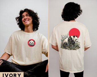 Vintage Panda T-Shirt, Retro Wildtiere Bambus T-Shirt, Klassisches Panda Design, Einzigartiger Panda und Rote Sonne Szene Shirt, Panda Bär Liebhaber Geschenk