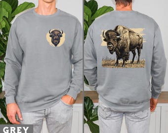 Vintage Style Bison Sweatshirt, Bison Illustration Sweatshirt, Wildlife Lover Gift, Cozy Bison Graphic Pullover, Buffalo Animal Sweater