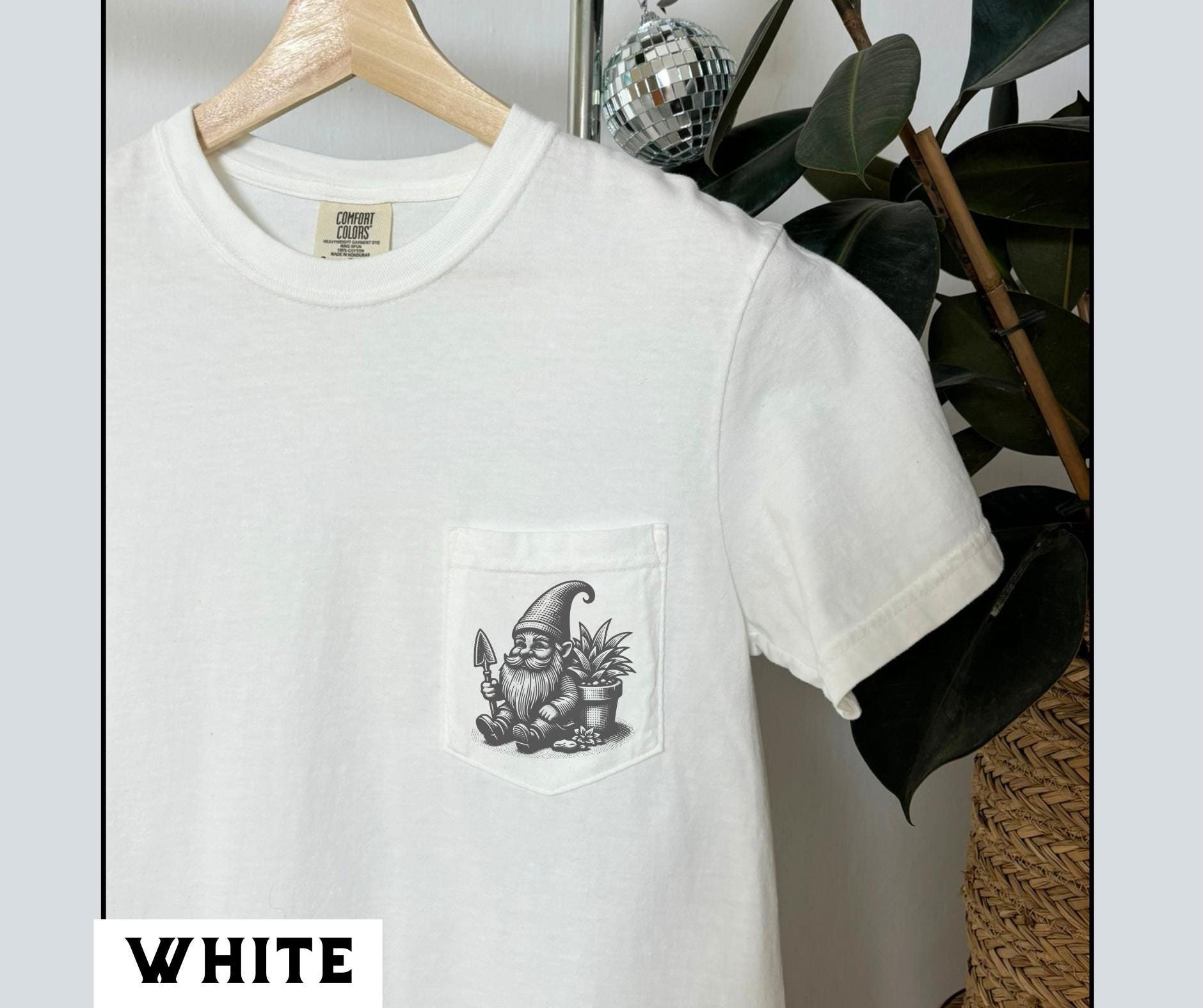 Vintage Gnome Graphic Pocket T Shirt Gardening Lover Design Retro Gnome Shirt Heavyweight Cotton Gnome Gift for Gnome and Gardening Fans