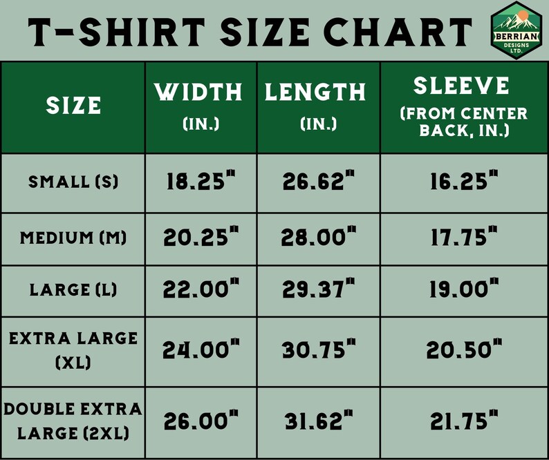 May include: T-shirt size chart with measurements in inches for width, length, and sleeve length. The chart includes sizes small, medium, large, extra large, and double extra large.