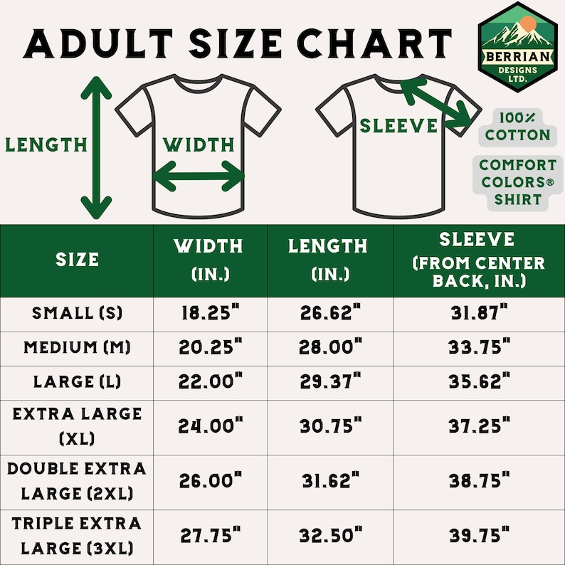 Op de afbeelding: Een maattabel voor T-shirts voor volwassenen met afmetingen in inches voor breedte, lengte en mouwlengte. De tabel bevat maten van S tot 3XL.