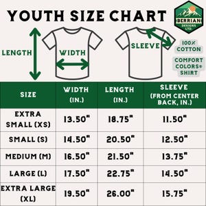 May include: Youth size chart for t-shirts with measurements in inches for width, length, and sleeve length from center back. Sizes include extra small (XS), small (S), medium (M), large (L), and extra large (XL).