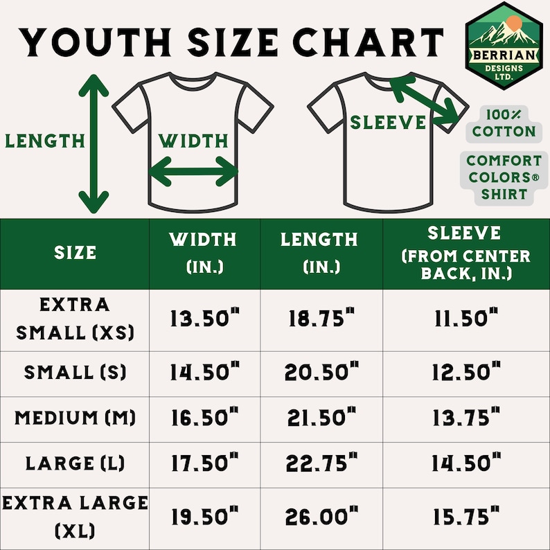 May include: Youth size chart for t-shirts with measurements in inches for width, length, and sleeve length from center back. Sizes include extra small (XS), small (S), medium (M), large (L), and extra large (XL).