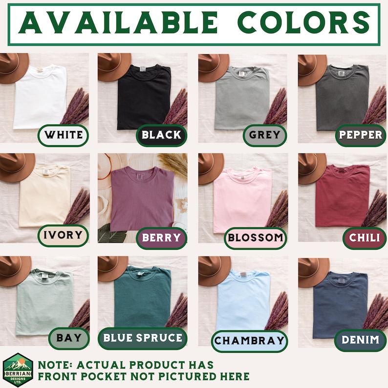 May include: A product display showcasing t-shirts in various colors, including white, black, grey, pepper, ivory, berry, blossom, chili, bay, blue spruce, chambray, and denim. Each shirt is folded and presented with a hat and decorative plant. The text "AVAILABLE COLORS" is at the top.