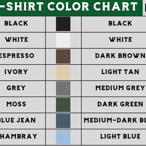 Puede incluir: Carta de colores de camiseta con 10 muestras de colores. Los colores incluyen negro, blanco, espresso, marfil, gris, musgo, azul vaquero, chambray, marr&oacute;n oscuro, marr&oacute;n claro, gris medio, verde oscuro, azul oscuro medio y azul claro.