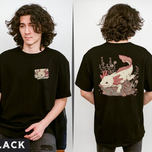 May include: Black t-shirt with a small image of an axolotl on the front and a larger image of an axolotl on the back. The axolotl is a pink and white amphibian with feathery gills.