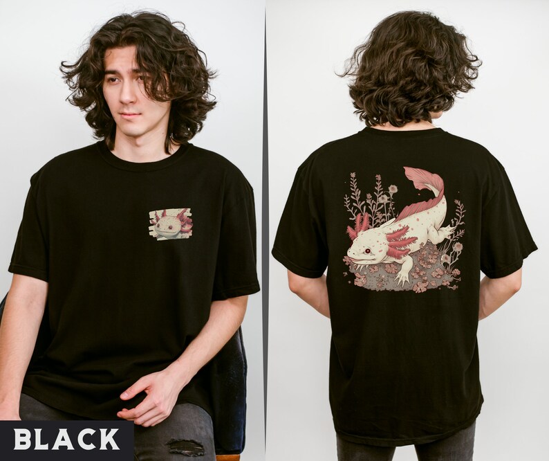 May include: Black t-shirt with a small image of an axolotl on the front and a larger image of an axolotl on the back. The axolotl is a pink and white amphibian with feathery gills.