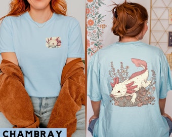 Axolotl T-Shirt with Nature Scene, Aquatic Wildlife Axolotl Shirt, Unique Axolotl Print Shirt, Gift for Amphibian Lovers, Axolotl Lovers