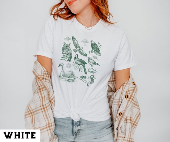 T-shirt Vintage Imprimé Oiseaux Chardonneret - Coupe Classique Légère, Motif Forêt Et Branches