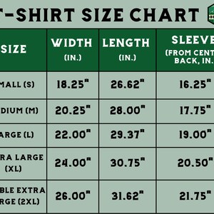 May include: T-shirt size chart with measurements in inches for width, length, and sleeve length. The chart includes sizes small, medium, large, extra large, and double extra large.