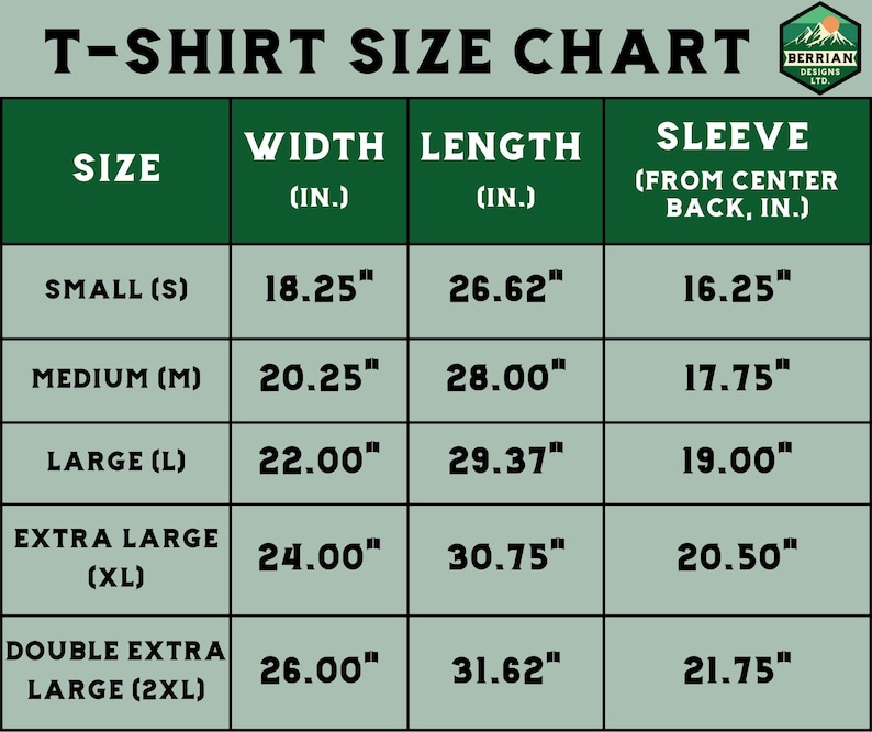 May include: T-shirt size chart with measurements in inches for width, length, and sleeve length. The chart includes sizes small, medium, large, extra large, and double extra large.