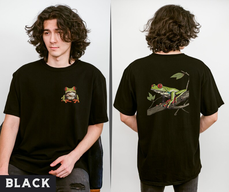 May include: Black t-shirt with a green tree frog graphic on the front and a larger green tree frog graphic on the back. The frog is sitting on a branch with leaves.