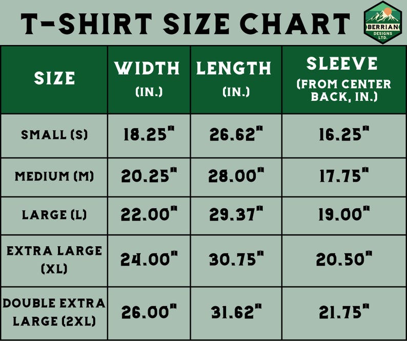 Puede incluir: Tabla de tallas de camiseta con medidas en pulgadas para el ancho, la longitud y la longitud de la manga. La tabla incluye las tallas S, M, L, XL y XXL.
