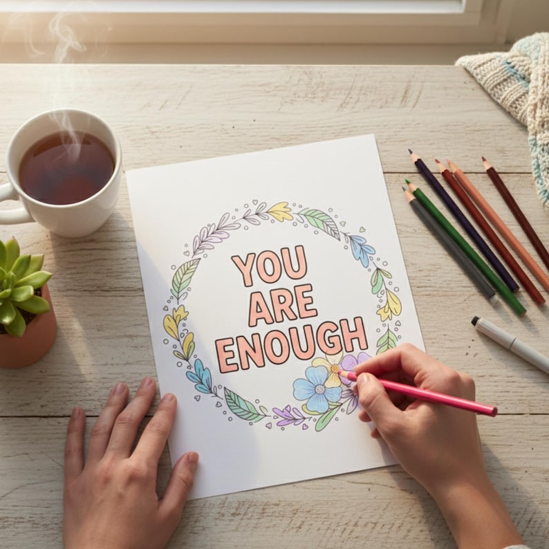 May include: A person coloring a floral design with the words "YOU ARE ENOUGH" on a white paper. A cup of tea, a small plant, and colored pencils are on a wooden table. The person is using a pink colored pencil.