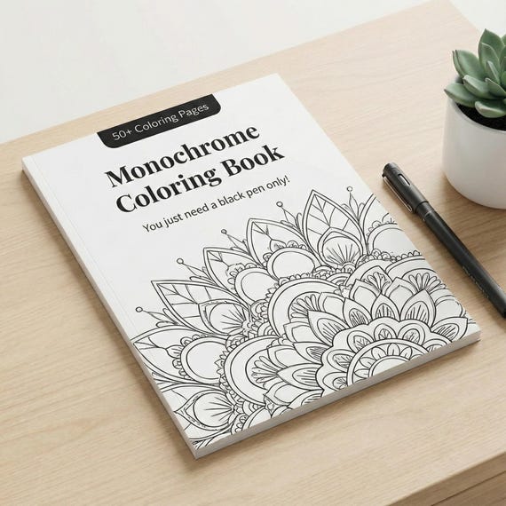 Monochrome Coloring Book, 50+ Art Therapy Stress relief Pages (Printable PDF & PNG)