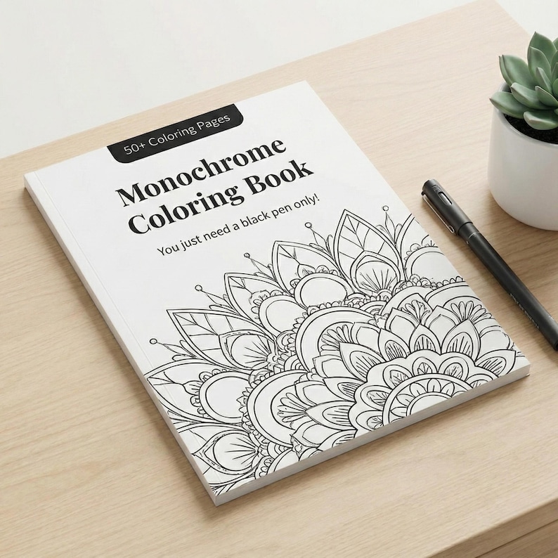 Monochrome Coloring Book, 50+ Art Therapy Stress relief Pages (Printable PDF & PNG) image 1