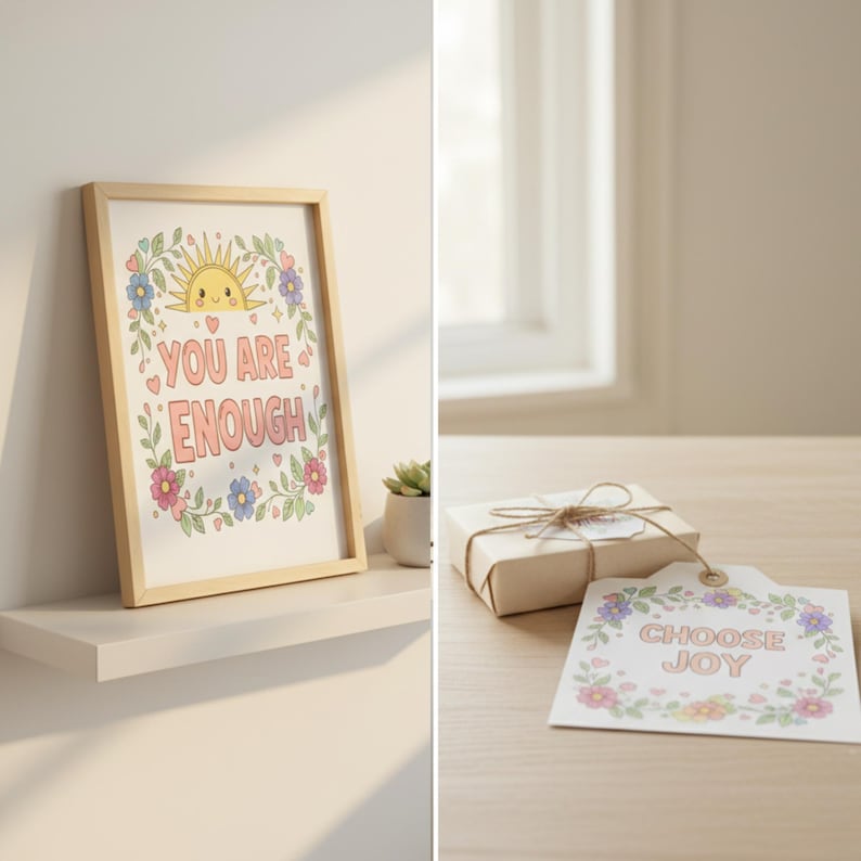 May include: A framed print with the words "YOU ARE ENOUGH" surrounded by a floral design. Next to it, a small succulent in a white pot. On a wooden surface, a wrapped gift with a tag that says "CHOOSE JOY" with floral accents.
