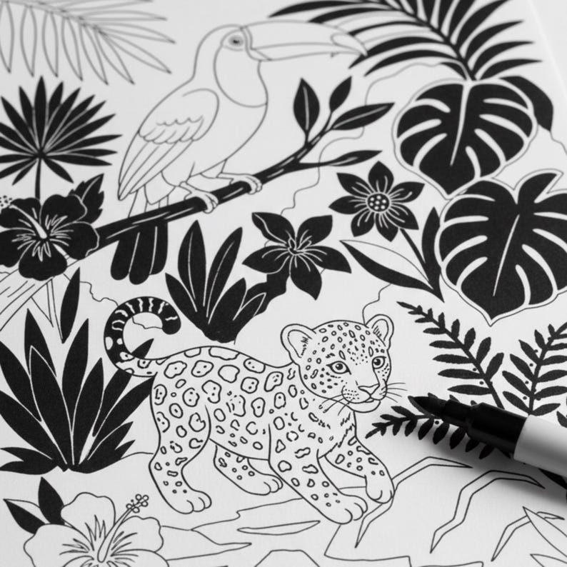 May include: Black and white illustration of a toucan perched on a branch, a leopard cub, and tropical foliage. The image is a coloring page with a marker in the lower right corner.