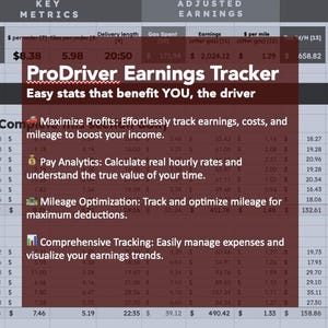 May include: Spreadsheet with data and the text "ProDriver Earnings Tracker." It includes sections for earnings, mileage, and expenses, with the text "Easy stats that benefit YOU, the driver."