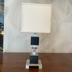 Geometric Table Lamp | Square Metal Base with Leather & Crystal | White Cotton Shade