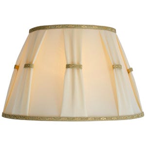 May include: A cream-coloured lampshade with a pleated design. The shade has gold trim along the top and bottom edges, and gold bands encircle the shade at intervals. The shape is a classic, elegant cone.