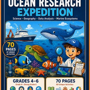 Werkbladen over oceaanwetenschappen | Mariene biologie, aardrijkskunde en data-analyse | Groepen 4-6 | 70 pagina's
